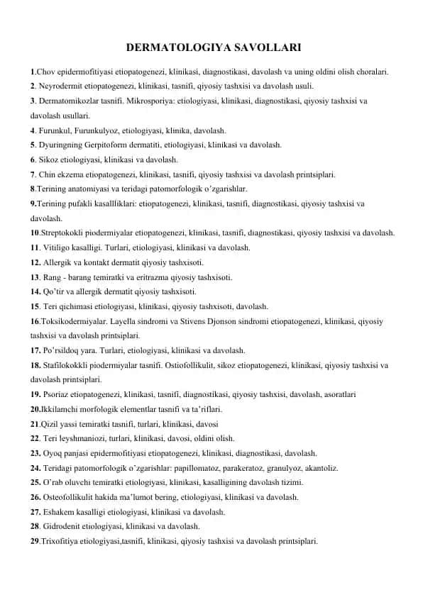 Dermatologiya savollari