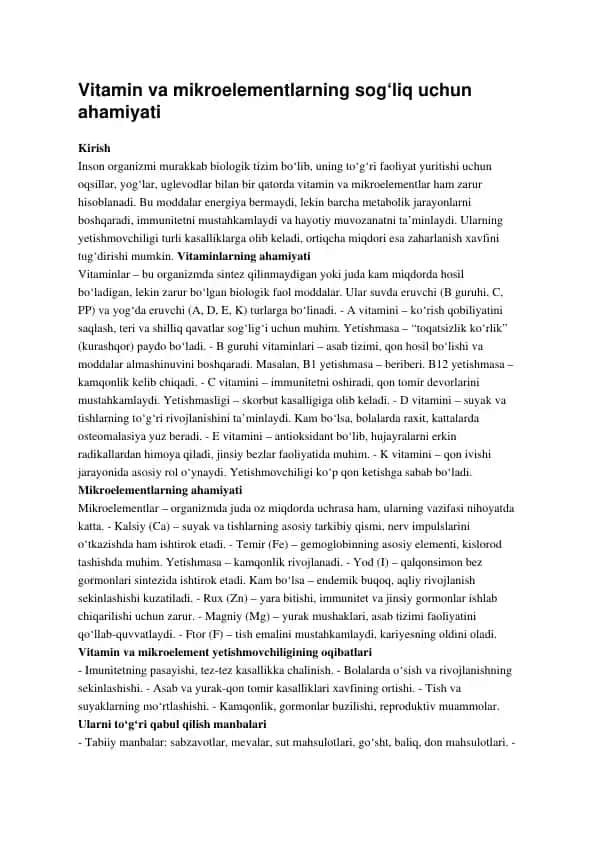 Vitamin va mikroelementlarning sog‘liq uchun ahamiyati