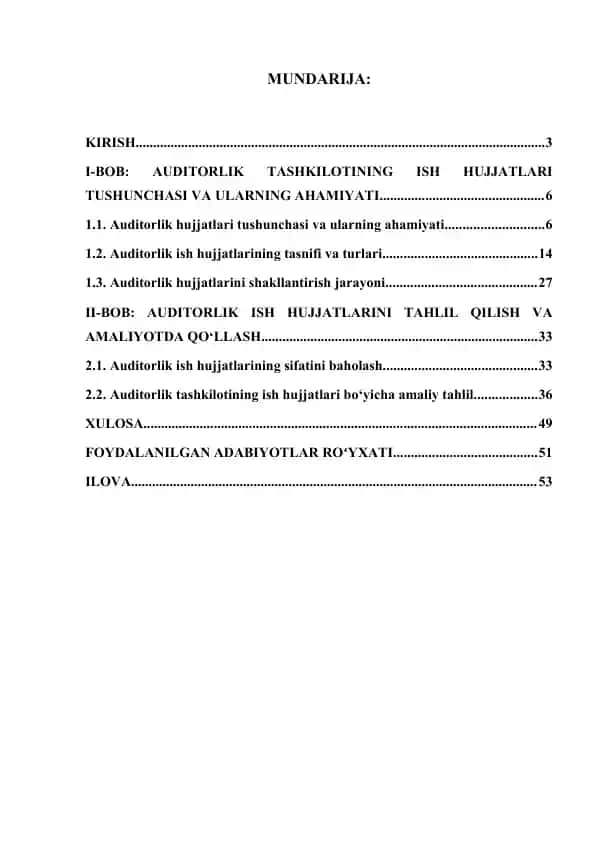 AUDITORLIK TASHKILOTINING ISH HUJJATLARI