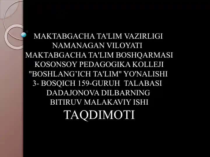 Dajonova Dilbarning Bitiruv Malakaviy Ishi