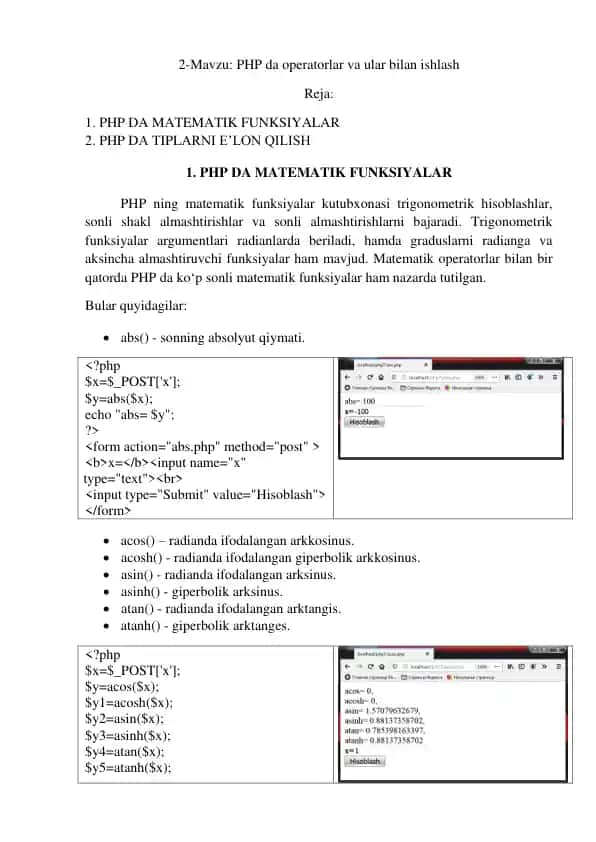 PHP da matematik funksiyalar