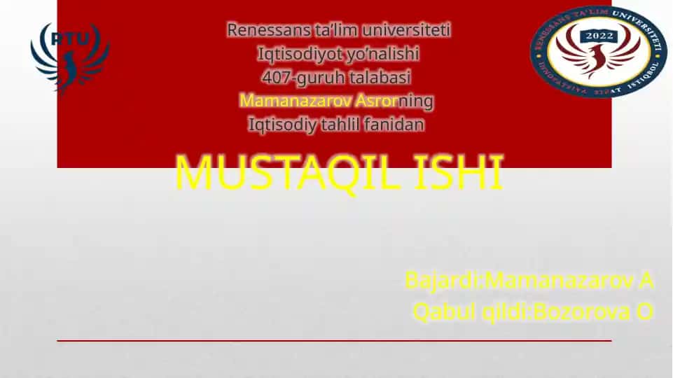 Iqtisodiy tahlil fanidan MUSTAQIL ISHI