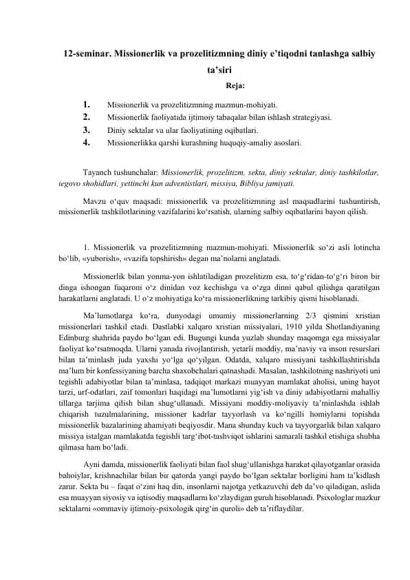 Missionerlik va prozelitizmning diniy e’tiqodni tanlashga salbiy ta’siri
