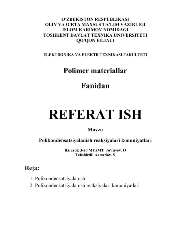 Polimer materiallar REFERAT ISH