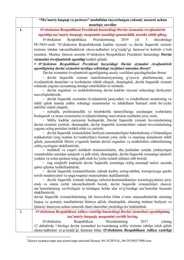 Ma’muriy huquqi va protsess modulidan tayyorlangan yakuniy nazorat uchun mantiqiy savollar