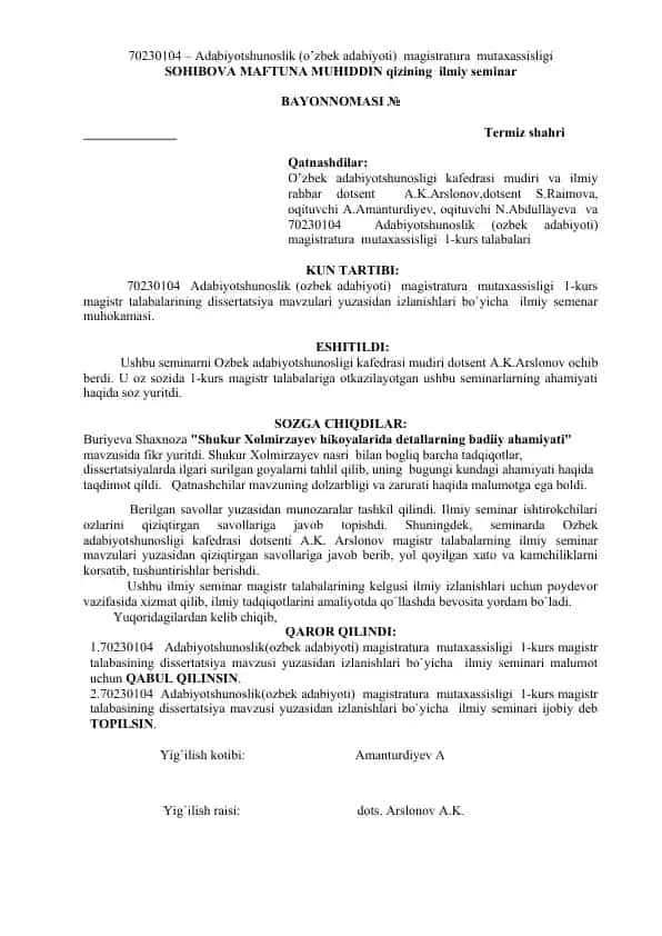 Adabiyotshunoslik (o’zbek adabiyoti) magistratura mutaxassisligi ilmiy seminar