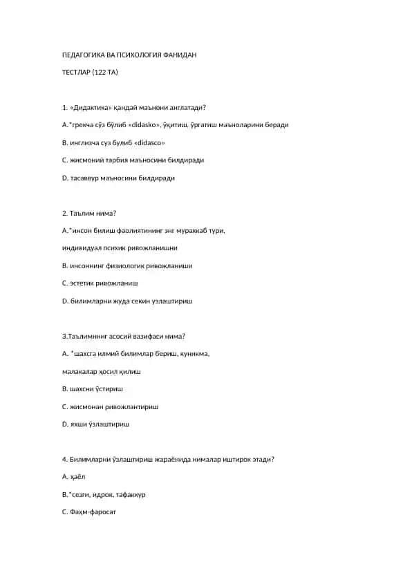 Pedagogika va Psixologiya fanidan testlar