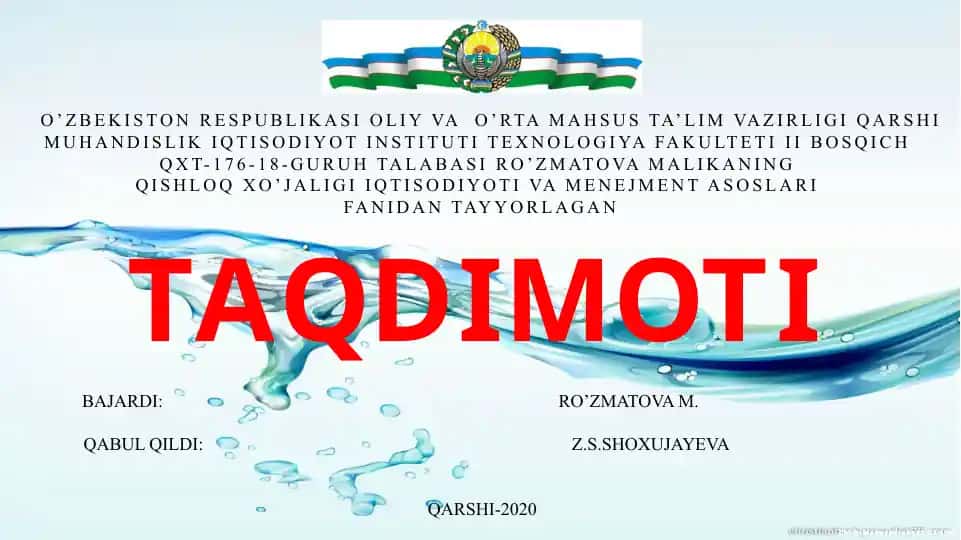 Qishloq xo'jaligi iqtisodiyoti va menejment asoslari fanidan tayyorlagan