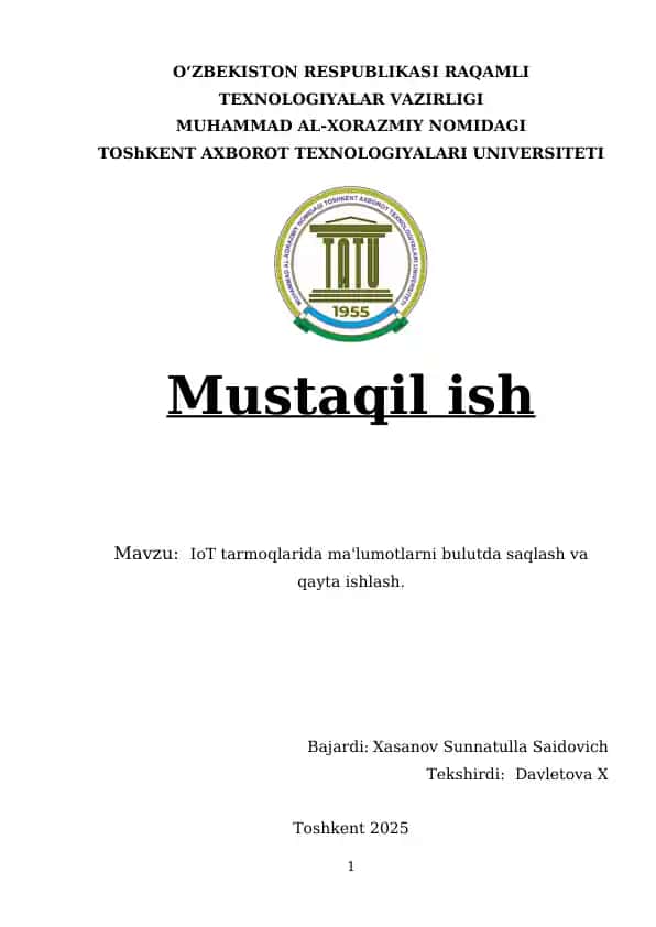 IoT tarmoqlarida ma'lumotlarni bulutda saqlash va qayta ishlash