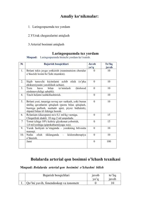 Amaliy ko‘nikmalar: Laringospazmda tez yordam