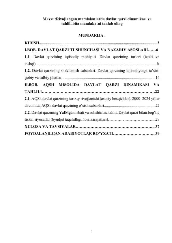 Rivojlangan mamlakatlarda davlat qarzi dinamikasi va tahlili