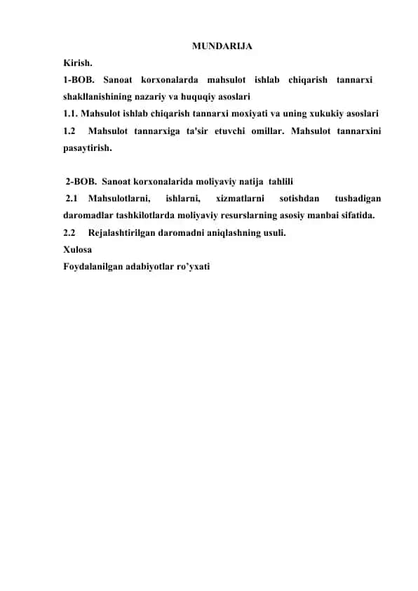 Sanoat korxonalarida mahsulot ishlab chiqarish tannarxi shakllanishi