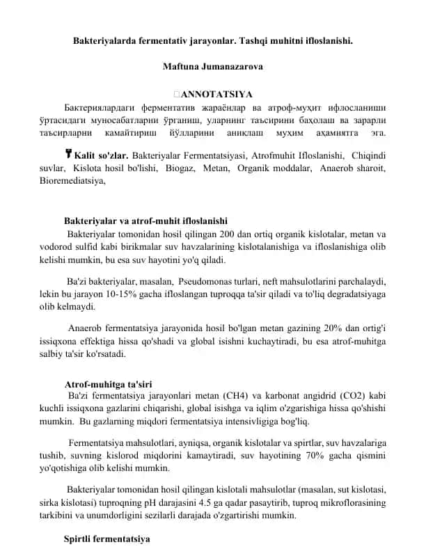 Bakteriyalarda fermentativ jarayonlar va atrof-muhit ifloslanishi