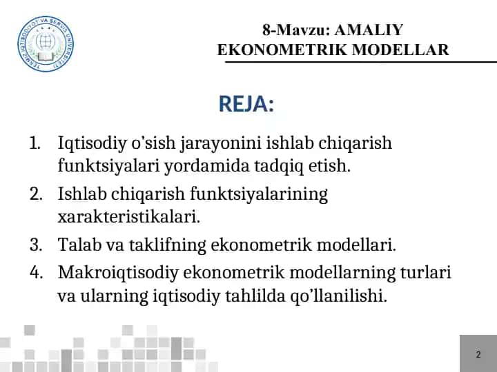 AMALIY EKONOMETRIK MODELLAR