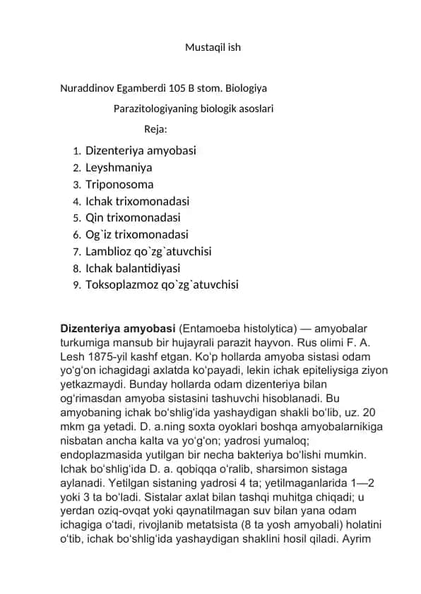 parazitalogiyaning biologik asoslari