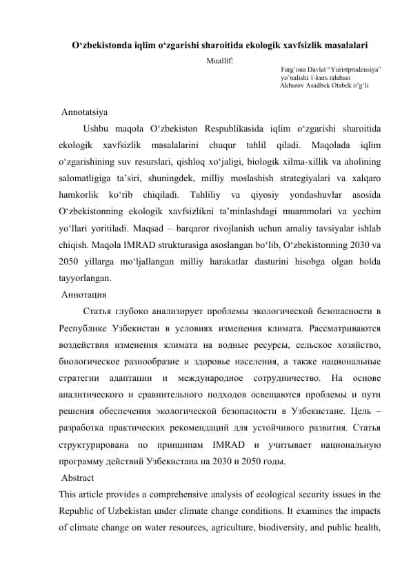 O‘zbekistonda iqlim o‘zgarishi sharoitida ekologik xavfsizlik masalalari