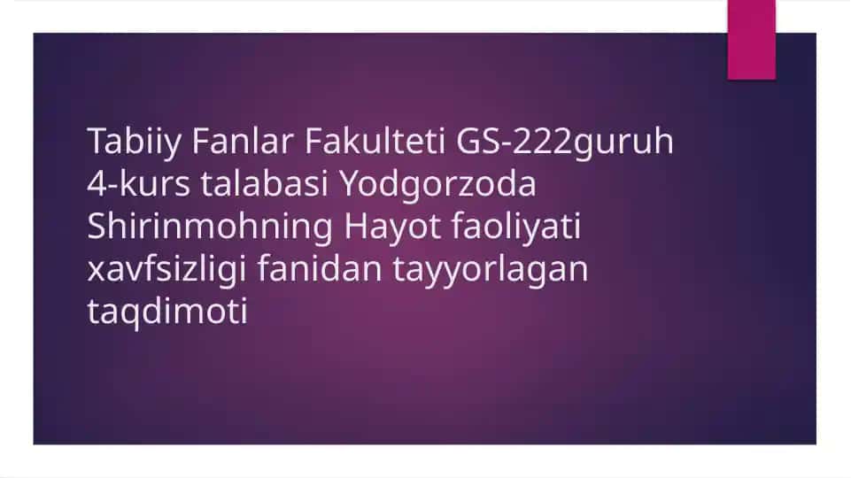 Hayot faoliyati xavfsizligi fanidan tayyorlagan taqdimoti