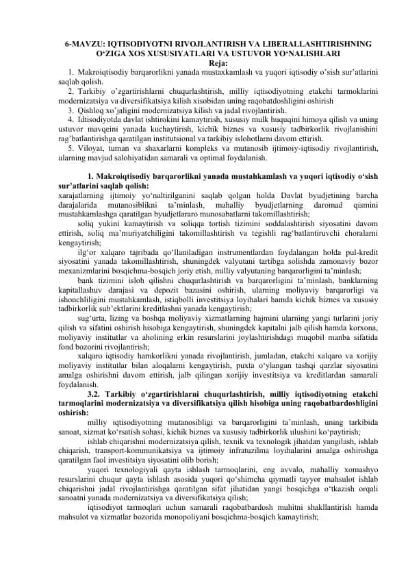 IQTISODIYOTNI RIVOJLANTIRISH VA LIBERALLASHTIRISHNING O‘ZIGA XOS XUSUSIYATLARI VA USTUVOR YO‘NALISHLARI