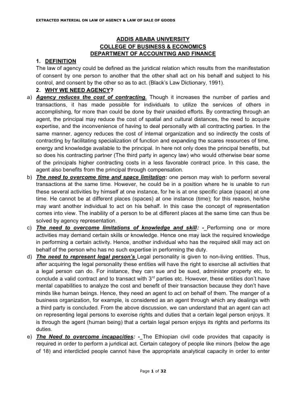 Law of Agency & Law of Sale of Goods