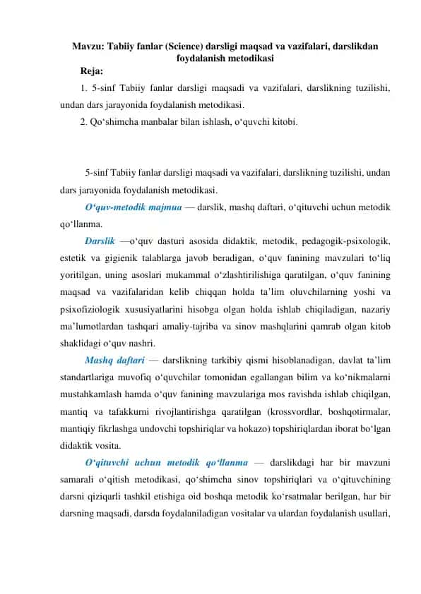 Tabiiy fanlar (Science) darsligi