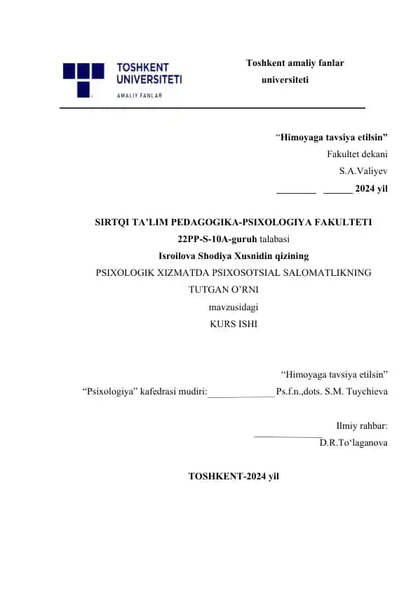 PSIXOLOGIK XIZMATDA PSIXOSOTSIAL SALOMATLIKNING TUTGAN O’RNI