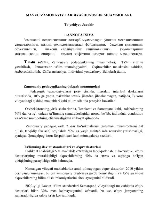 Zamonaviy tarbiyashunoslik muammolari