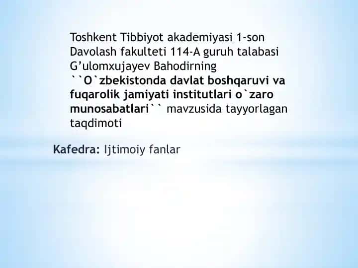 O`zbekistonda Davlat Boshqaruvi va Fuqarolik Jamiyati Institutlari o`zaro Munosabatlari