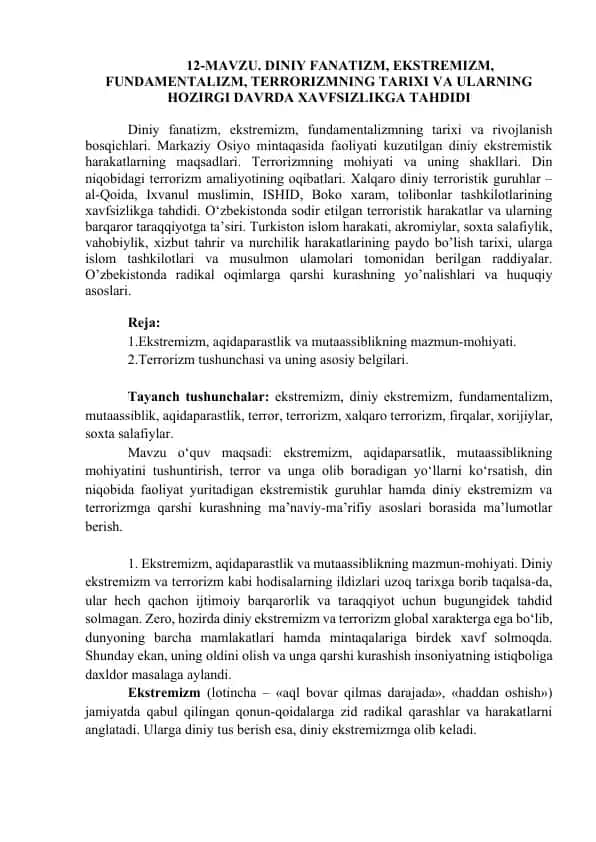 Diniy fanatizm, ekstremizm, fundamentalizm, terrorizmning tarixi va hozirgi davrda xavfsizlikga tahdidlar