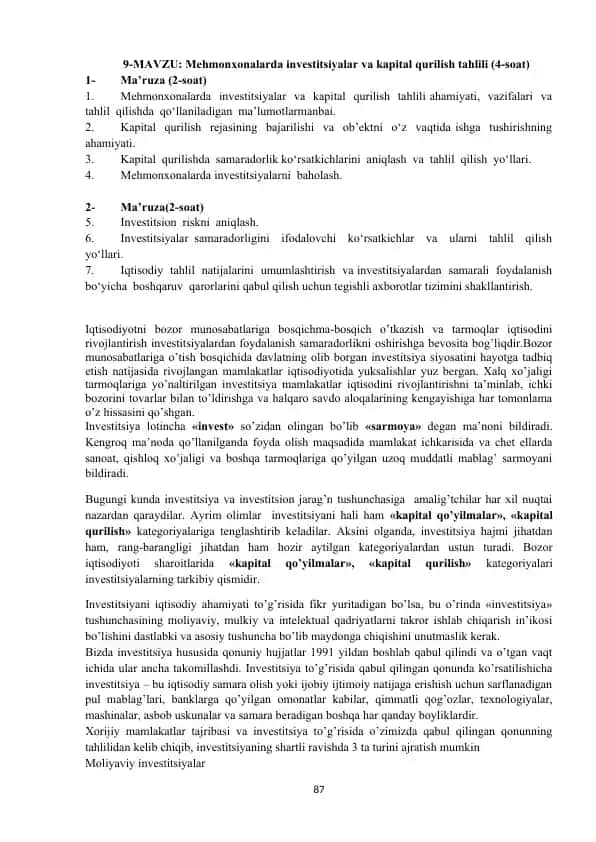 Mehmonxonalarda Investitsiyalar va Kapital Qurilish Tahlili