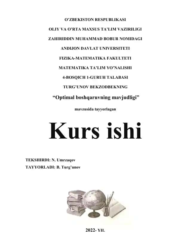 Kurs ishi "Optimal boshqaruvning mavjudligi" mavzusida