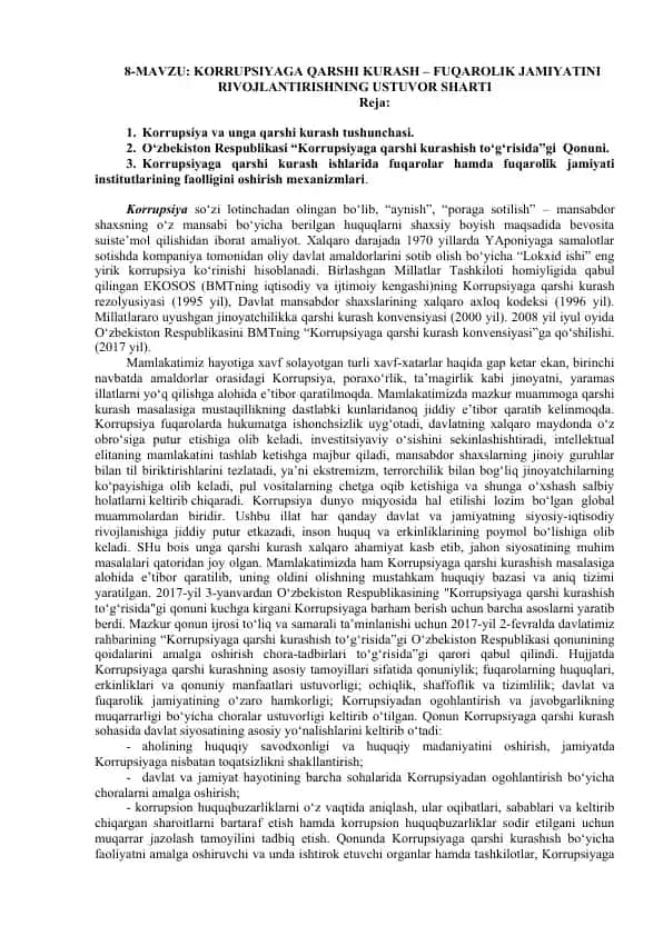 Korrupsiyaga qarshi kurash - fuqarolik jamiyatini rivojlantirishning ustuvor sharti