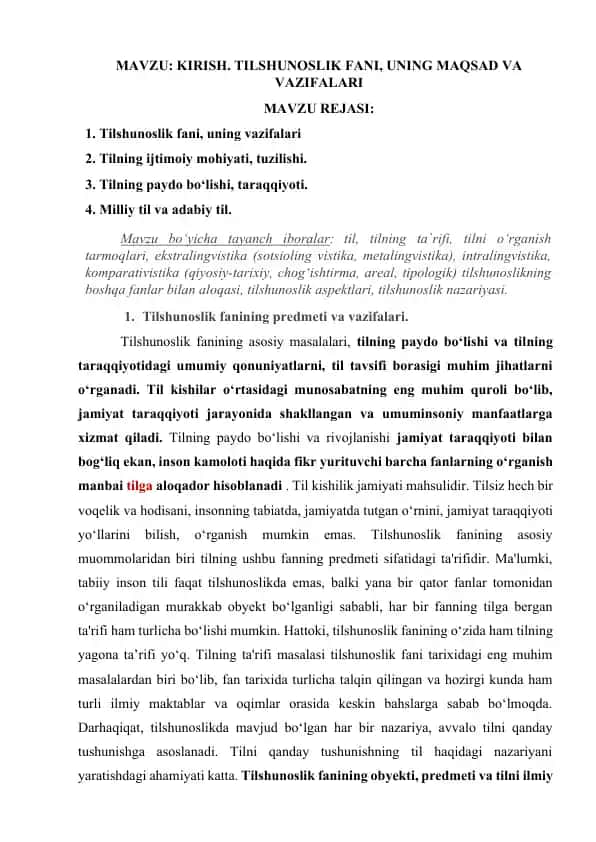 Tilshunoslik fanining predmeti va vazifalari