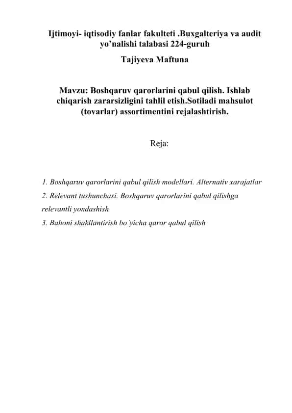 Buxgalteriya va audit yo’nalishi talabasi 224-guruh