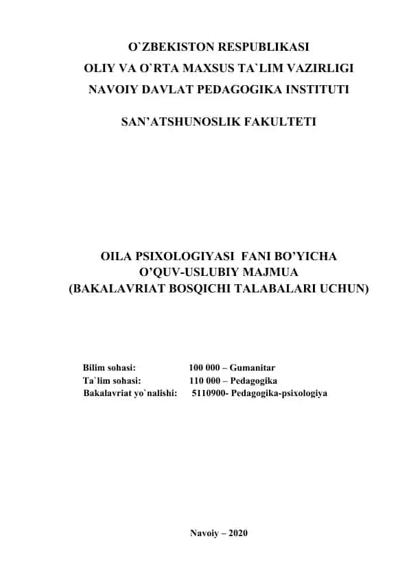 O’quv-uslubiy majmua - Oila psixologiyasi fani bo’yicha (Bakalavriat bosqichi talabalari uchun)
