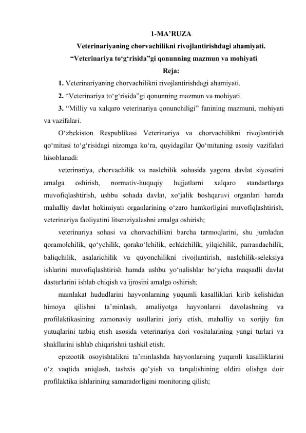 Veterinariya va Chorvachilikni Rivojlantirishning Ahamiyati