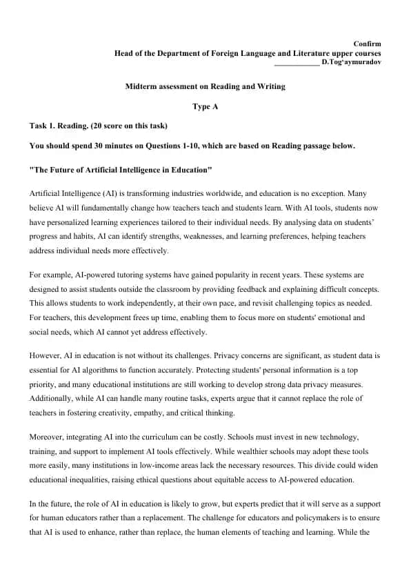 Midterm assessment on Reading and Writing