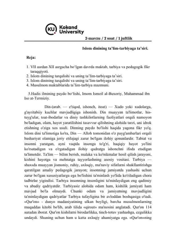 Islom dinining ta’lim-tarbiyaga ta’siri