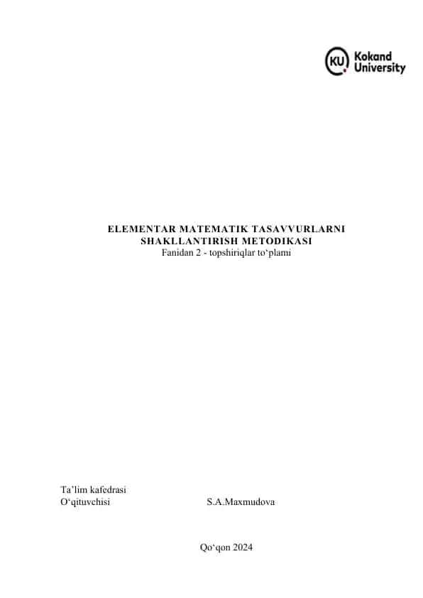 Elementar matematik tasavvurlarni shakllantirish metodikasi