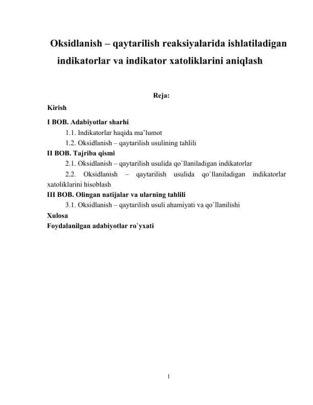 Oksidlanish – qaytarilish reaksiyalarida ishlatiladigan indikatorlar va indikator xatoliklarini aniqlash