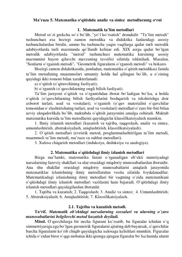 Matematika o‘qitishda analiz va sintez metodlari
