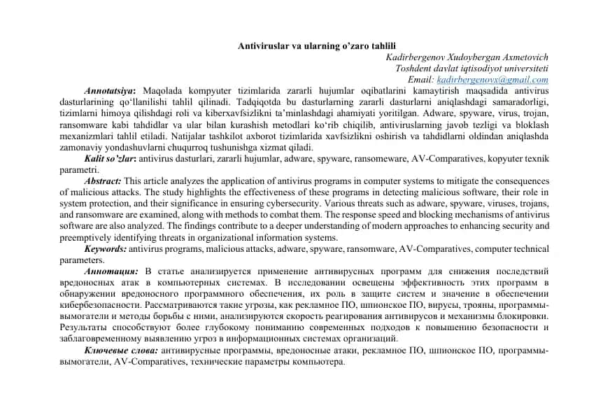 Antiviruslar va ularning o’zaro tahlili