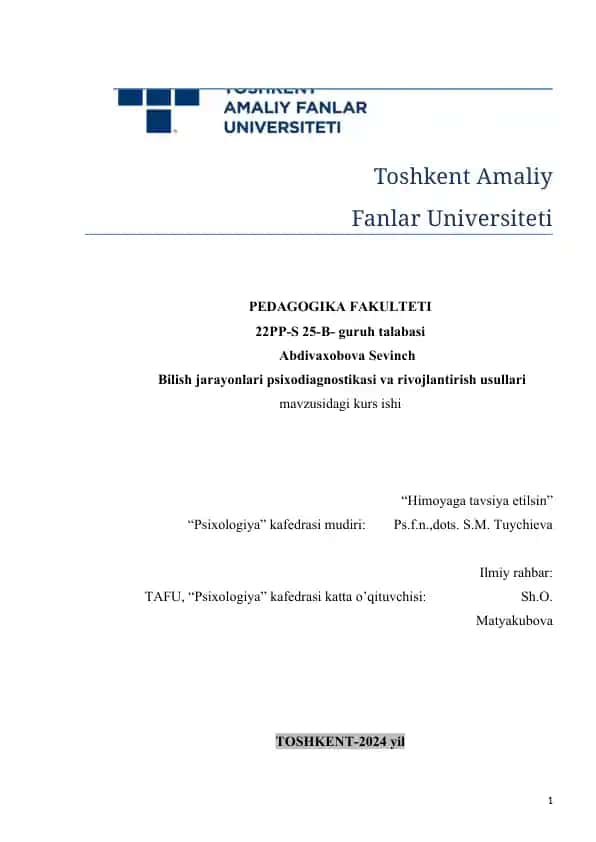 O'quvchilarda bilish jarayonlari diagnostikasi.