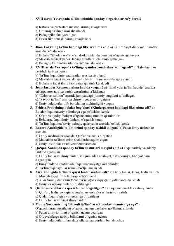 XVII asrda Yevropada ta’lim tizimida o'zgarishlar