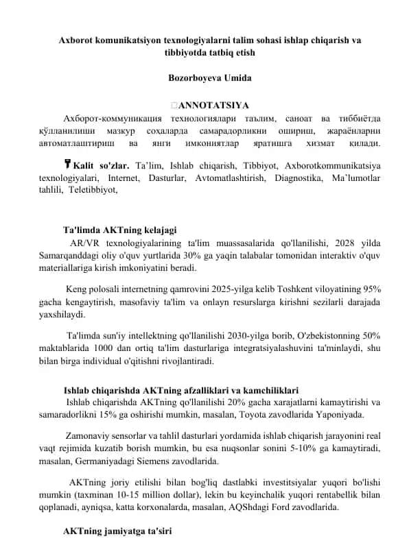 Axborot-kommunikatsiya texnologiyalarni talim sohasi ishlab chiqarish va tibbiyotda tatbiq etish
