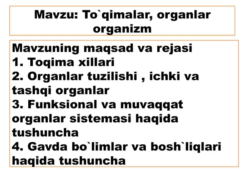 To`qimalar, organlar organizm mavzusida ma'ruzalar