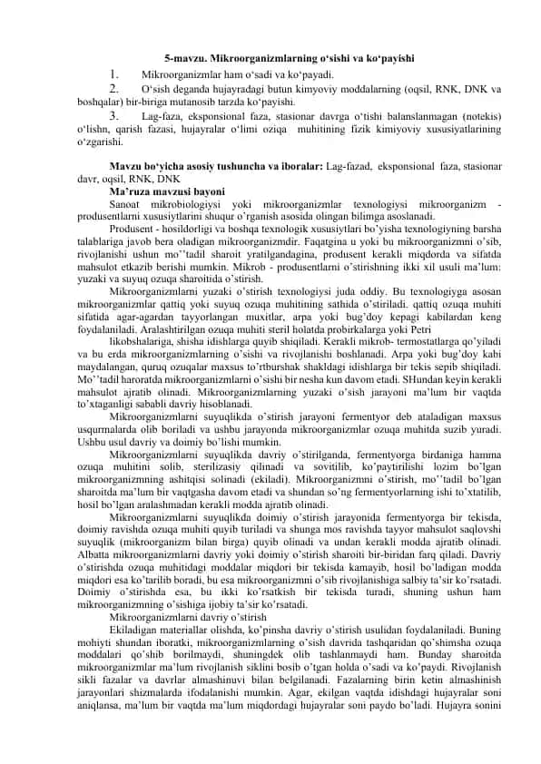 Mikroorganizmlarning o‘sishi va ko‘payishi