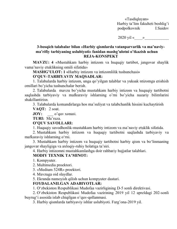 Harbiy qismlarda vatanparvarlik va ma’naviy-ma’rifiy tarbiyaning uslubiyoti fanidan mashg’ulotlar reja-konspekti