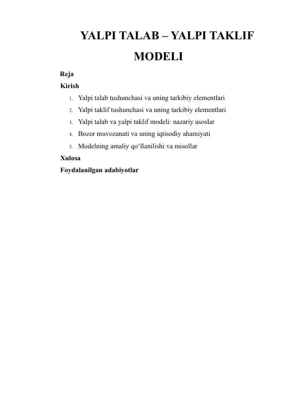 YALPI TALAB – YALPI TAKLIF MODELI