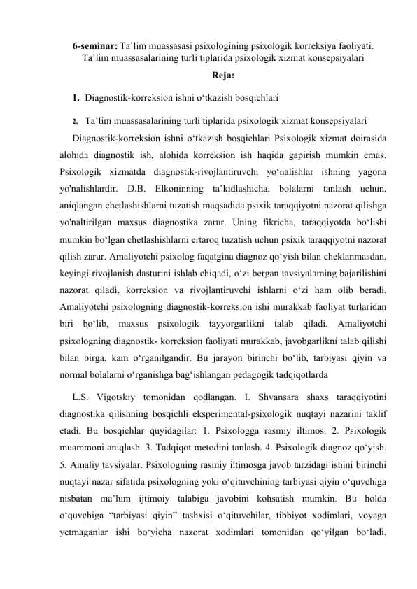 Diagnostik-korreksion ishni o‘tkazish bosqichlari