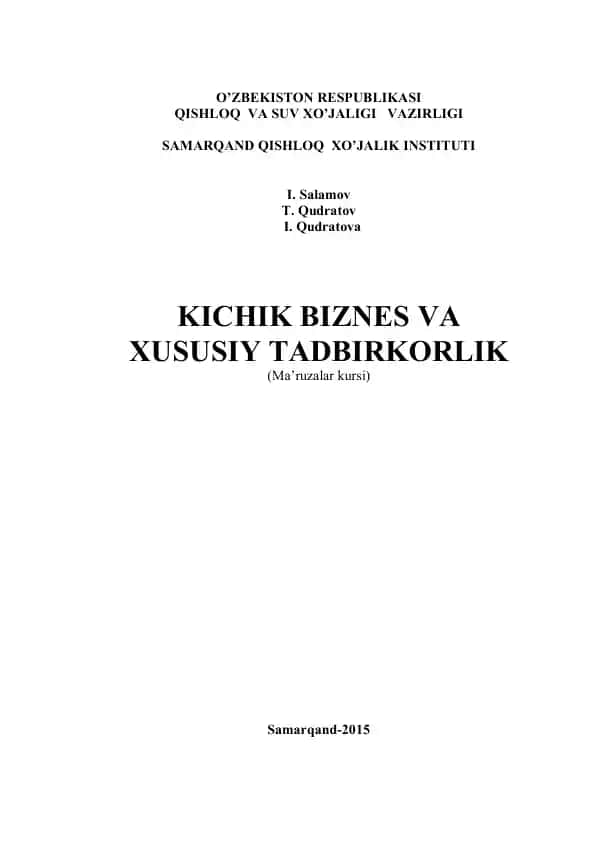 Kichik biznes va xususiy tadbirkorlik fani bo'yicha ma'ruzalar kursi